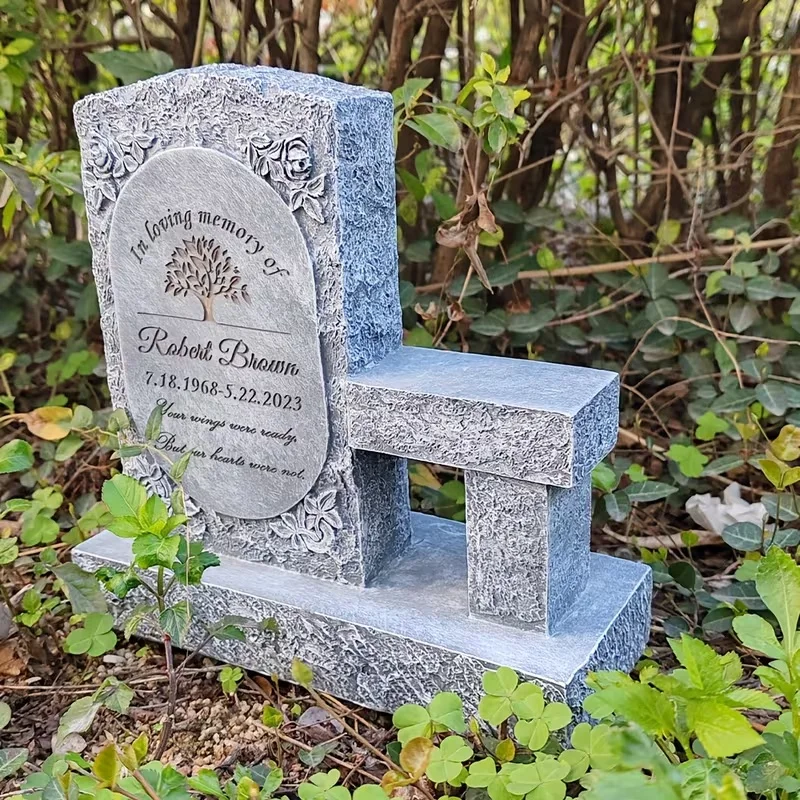 Custom Memorial Bench Tombstone, Gray-White Resin Grave Marker with Oval Inscription Panel and Tree Motif, Sympathy MonumentPet