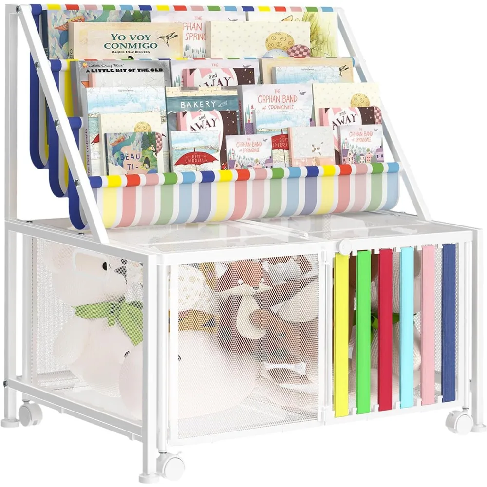 Metal Kids Book Rack, 3 Sling Bookshelf, Stable Freestanding Colorful Childrens Bookcase with Toy Storage Organizer Box on Wheel