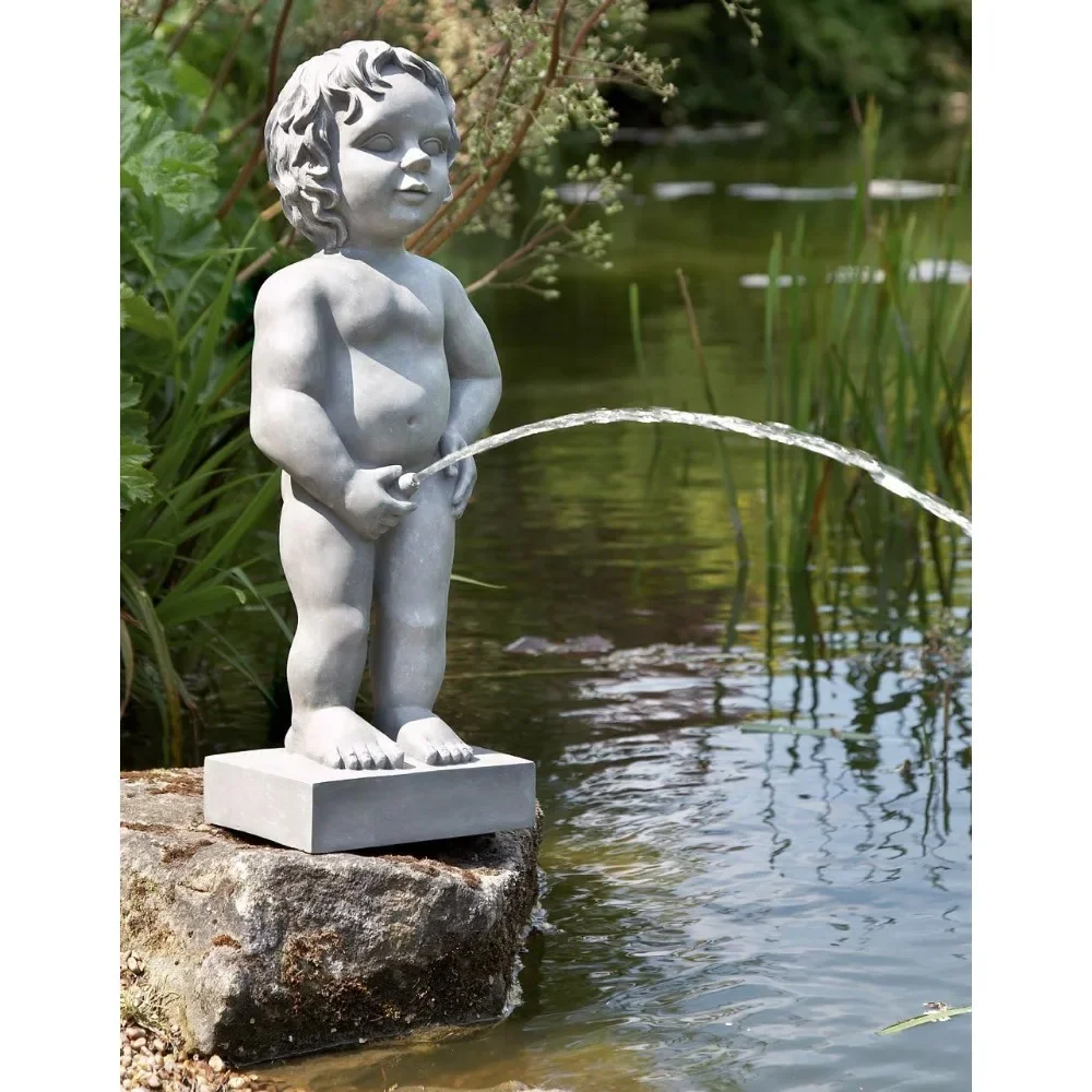 

Boy Manneken PIS Pond Spitter Statue Stone Color Spitter Fountain Water Feature 24 Inch Tall, Resin Waterscape Sculpture