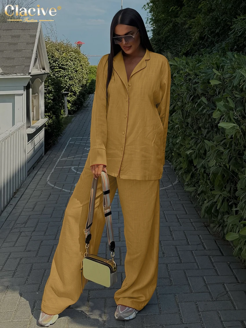 

Clacive Fashion Loose Orange Cotton Trousers Set 2 Piece Woman Elegant Long Sleeve Shirt With High Waist Wide Pants Set Female