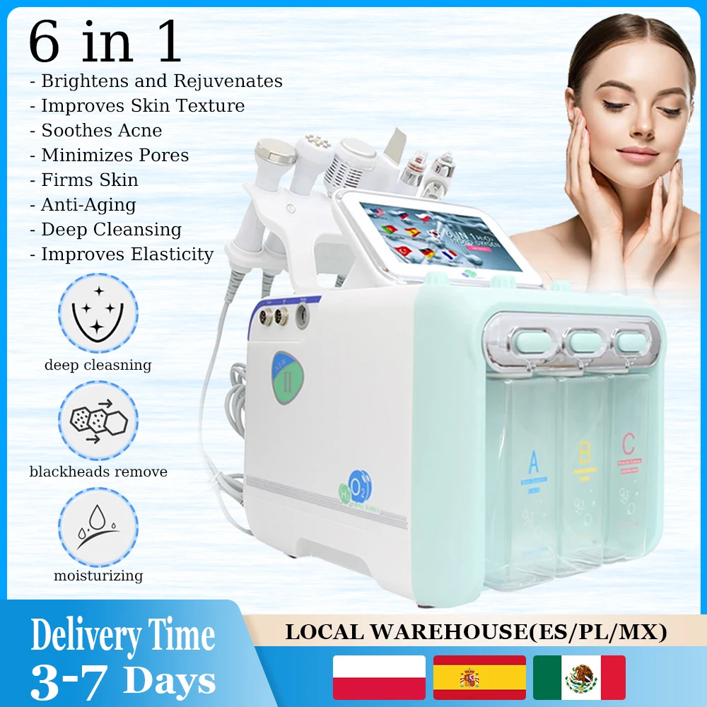 AOKO 6 in 1 Macchina professionale per il viso di bellezza Hydra Aqua Dispositivo per la cura della pelle per la pulizia profonda H2-O2 Hydro dermoabrasione RF Bio-lifting