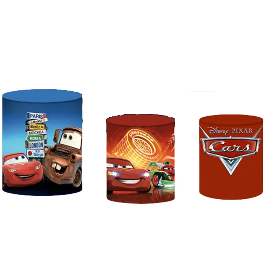 Cars Round Backdrop And 3 Cylinder Covers Background Photography Lightning McQueen Baby Shower Birthday Party Decoration Props