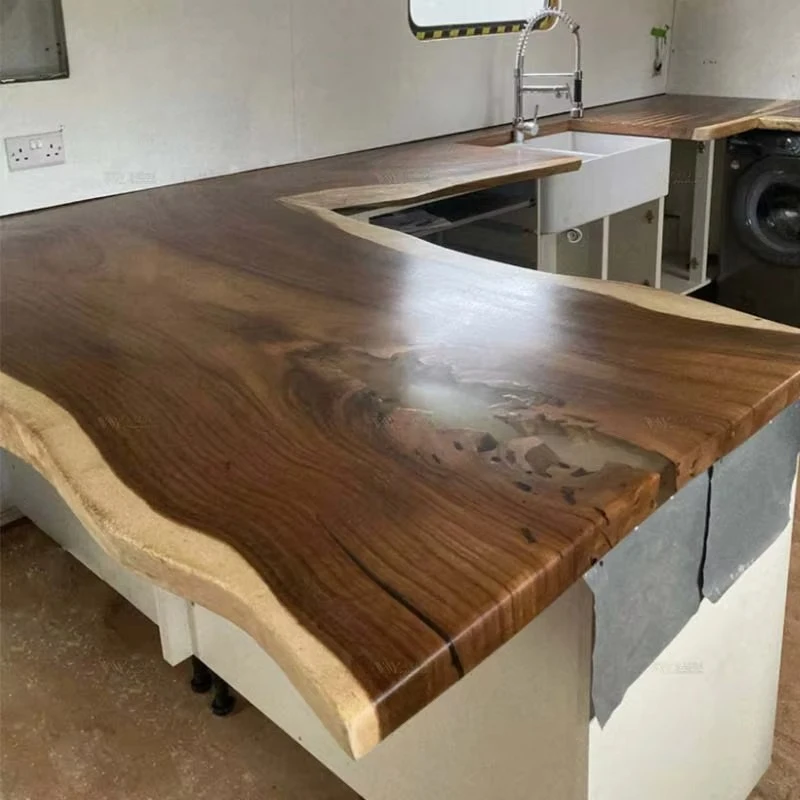 Custom Solid Wood Upon Request Bespoke Rustic Live Edge Suar or Walnut Kitchen Worktops & Islands
