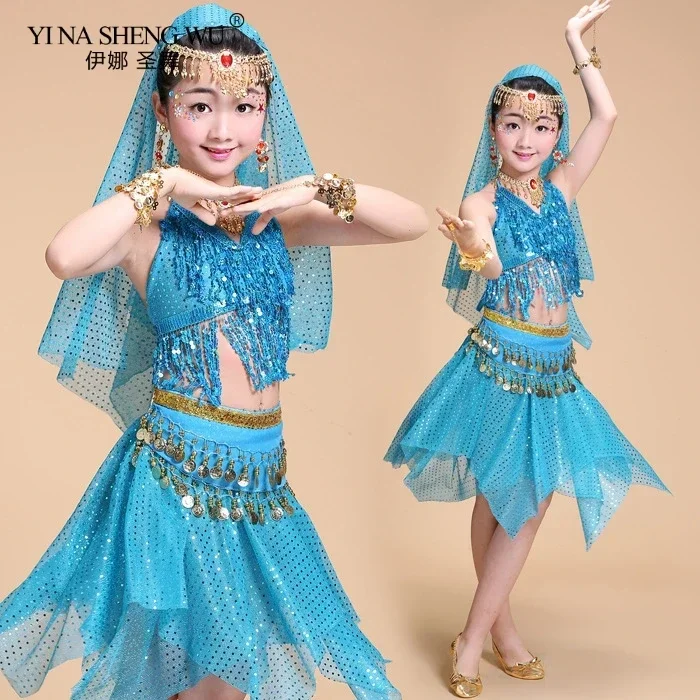Crianças trajes de dança do ventre 2 pçs conjunto dança oriental menina dança do ventre índia bollywood roupas topo e saia para meninas dança wear