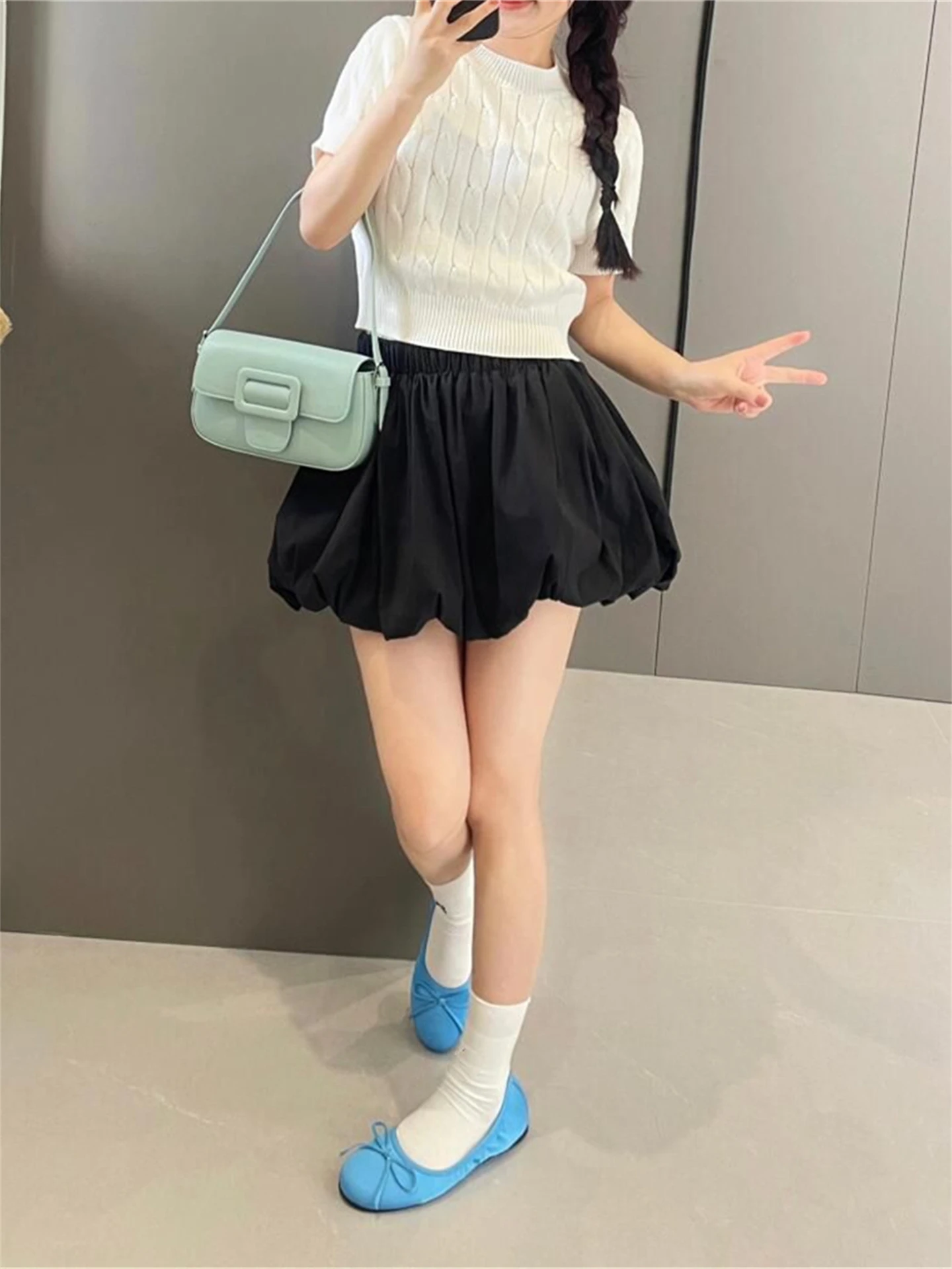 

Новая корейская женская пышная юбка Bla Bubble с высокой талией, повседневная, укороченная, для полных девушек, весна