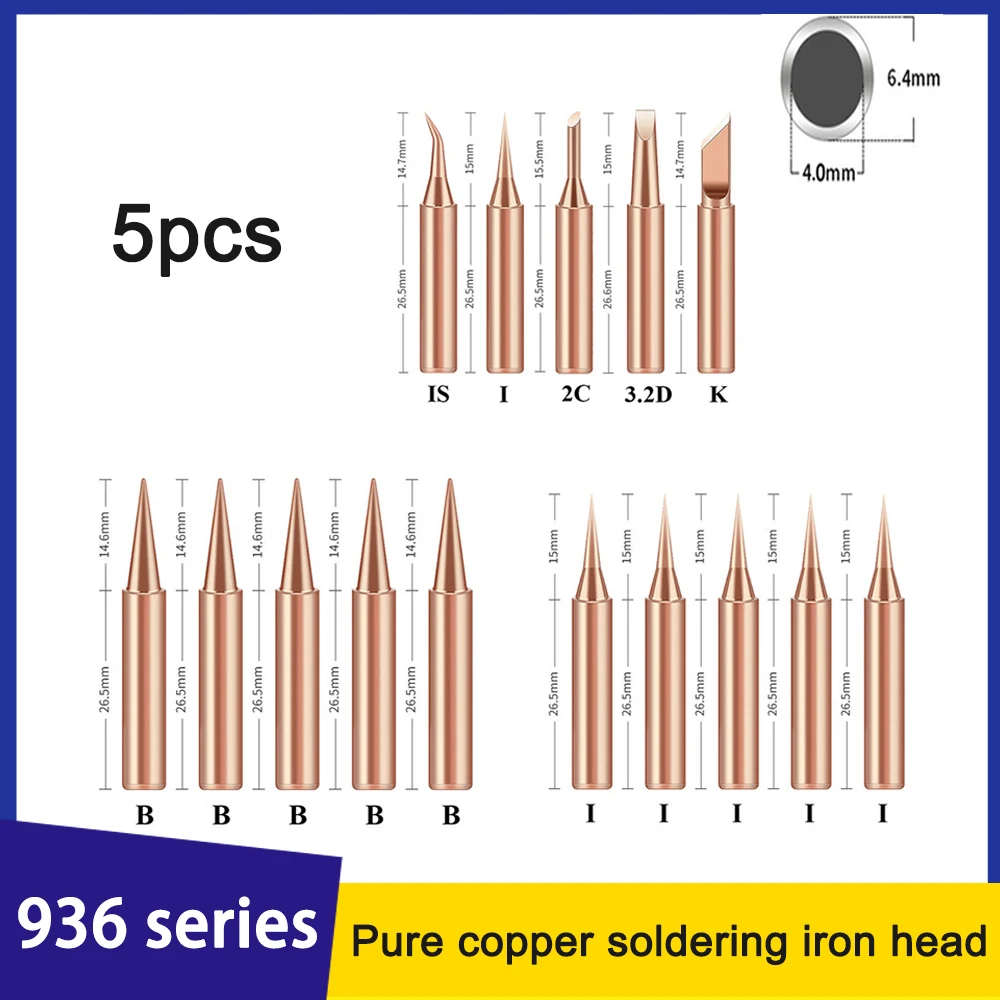 5 Pcs 936 Internally Heated Bare Copper Welding Nozzle Soldering Iron Nozzle Welding Head Pure Copper 900M 2.4mm/3mm/4.7mm