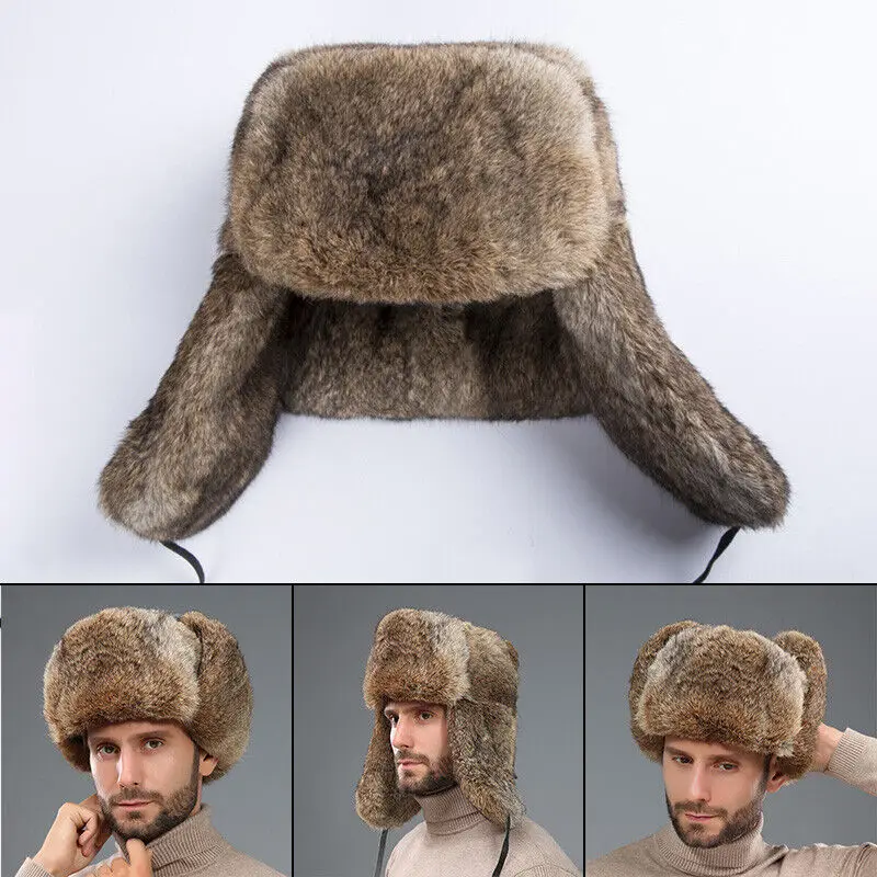 Mens Winter Warm Genuine Rabbit Fur Windproof Hat Trapper Earflap Ski Cap Warm outdoor working ear protector