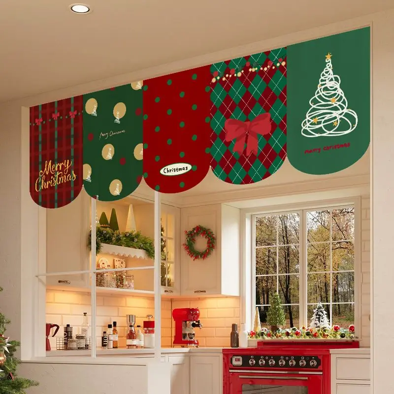 VIKAMA Christmas Theme Triangle Flag Half Curtain Xmas Kitchen Window Short Curtain Doorway Partition Holiday Home Decor
