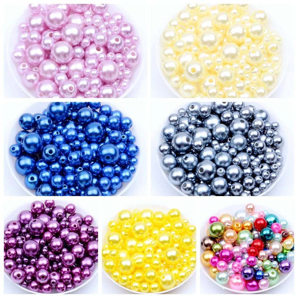 Rodada imitação de plástico pérolas para bordado e jóias fazendo, branco puro pérola, furos retos, 3-12mm