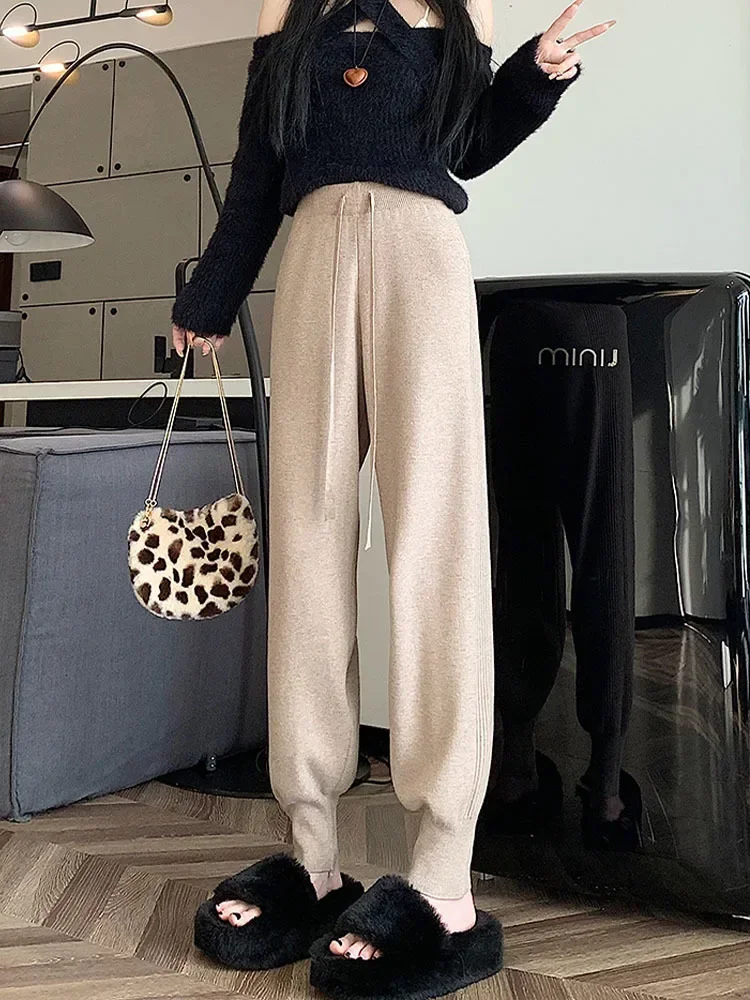 Calça casual feminina de lã harém, calça solta, calça tricotada, suéter monocromático com bolsos, outono e inverno