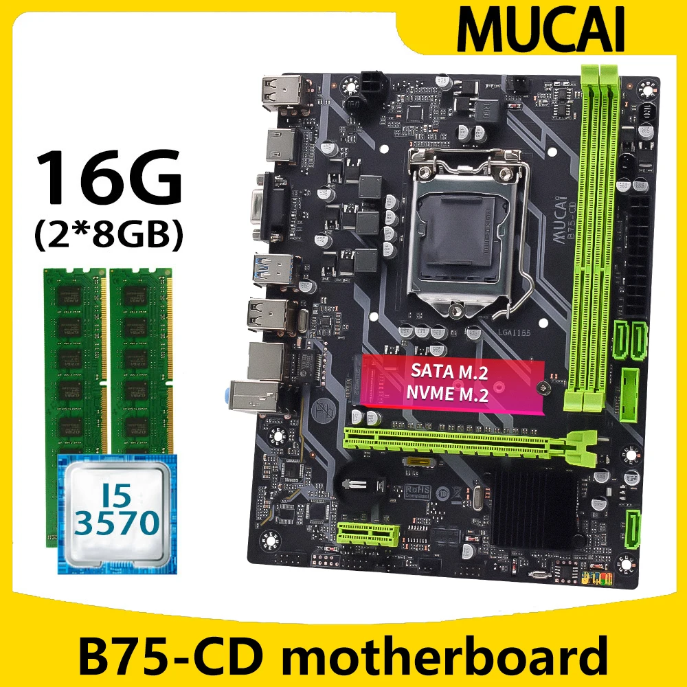 MUCAI B75 motherboard LGA 1155 kit set With Intel core i5 3570 CPU processor and DDR3 16GB(2*8GB) 1600MHZ RAM memory PC Computer