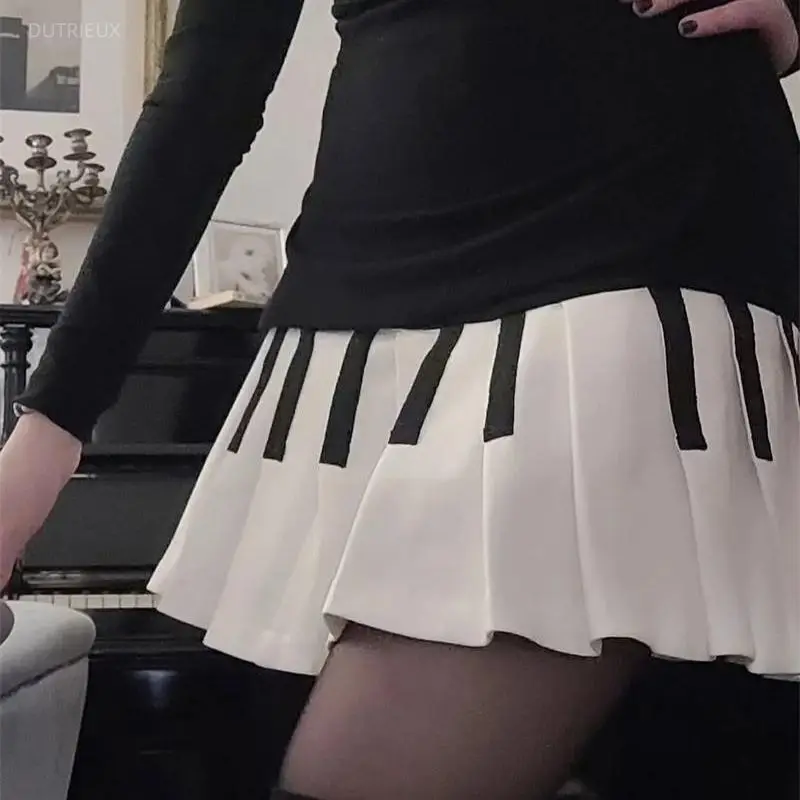 American Retro Sweet Black White Piano Skirts 2026 Summer New Pleated Skirt Woman Y2k Slim Fit High Waist Faldas Mujer