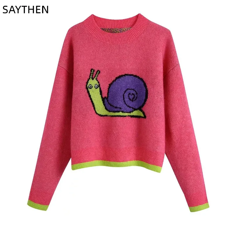 SAYTHEN New Fresh Round Neck Long Sleeve Printing Cute Snail Pattern Street Fashion Knitted Pullover Sweater Women