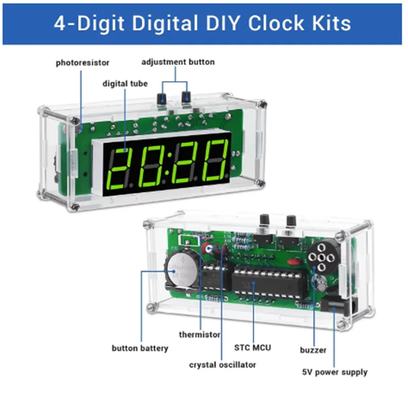 TJ-56-428 4-Digit Digital DIY Clock Kits with Acrylic Shell, DIY Alarm Clock Soldering Practice Kit for Learning Electronics