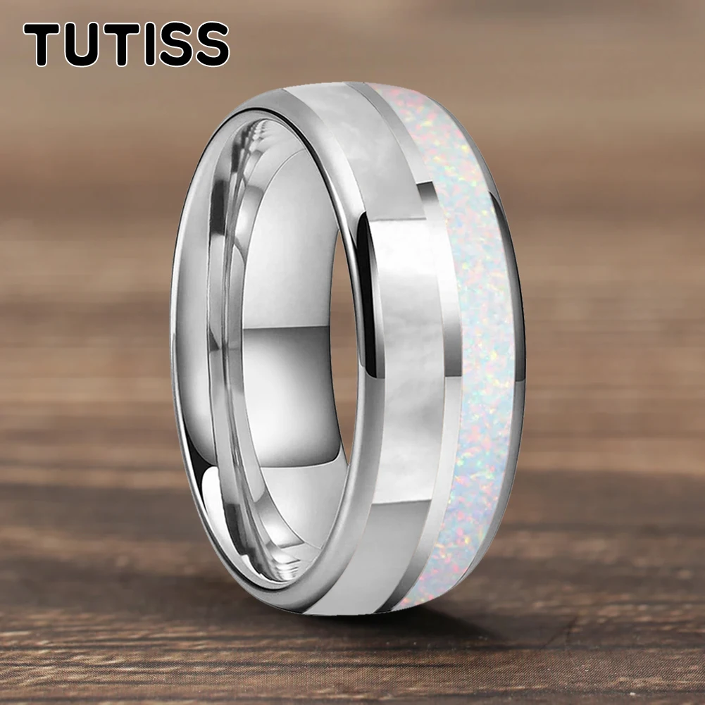TUTISS 6MM 8MM Tungsten Ring Dome Double Groove Inlaid With White Opal Stone And Mother Of Pearl Shell For A Comfortable Fit