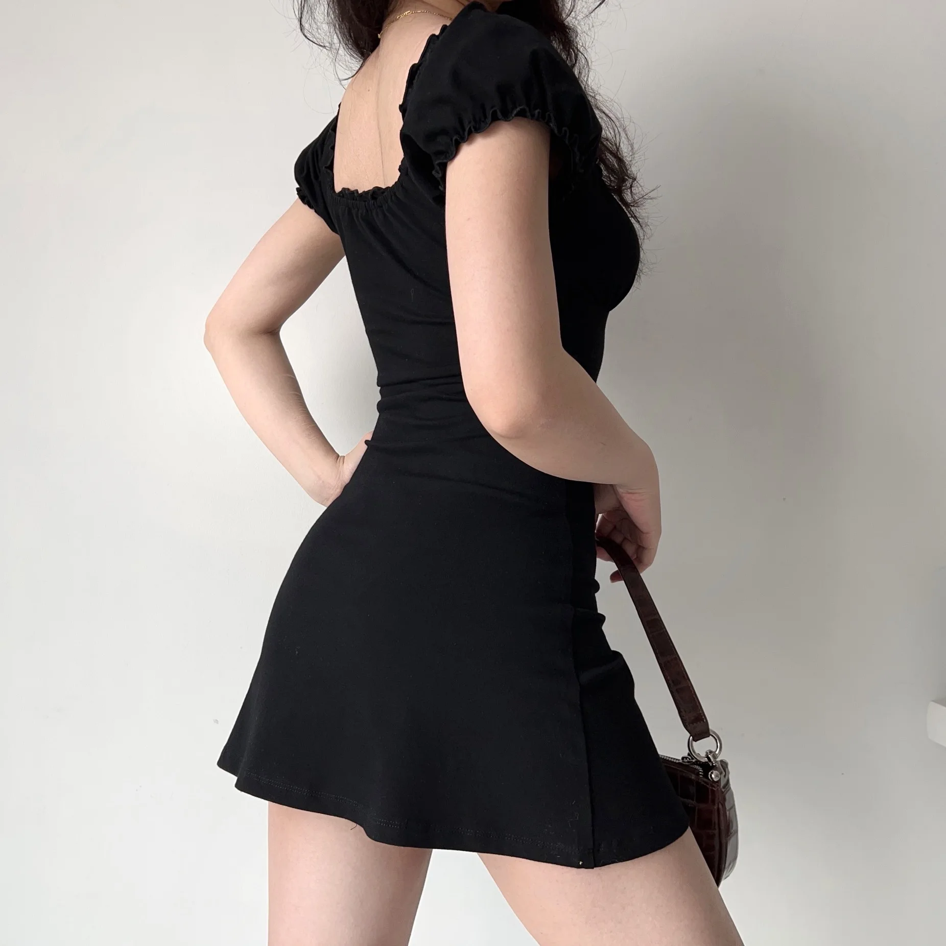 Vintage Cutout Lace Up Mini Dress Retro Puff Sleeve Black Dress Square Neck Ruffle Waist Dress Casual Short Summer Dresses