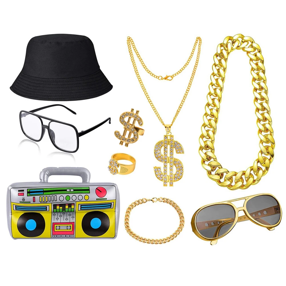 80s 90s Hip Hop Costume Kit for Men Vintage Rapper Cosplay Big Gold Metal Chain Glasses Bracelet Hip Hop Costume Accessories Set - view 4