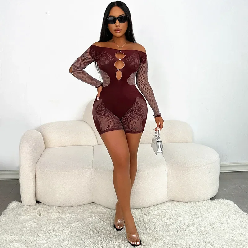 Knitted Hollow Romper for Women 2024 Autumn Solid Color Long Sleeve Off Shoulder Slim Sexy One-piece Jumpsuit Shorts