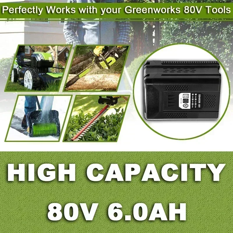 6.0Ah แบตเตอรี่ทดแทนสําหรับ Greenworks 80V Max แบตเตอรี่ลิเธียมไอออนแบบชาร์จไฟได้ GBA80200 GBA80250 GBA80500 GBA80400 เครื่องมือ