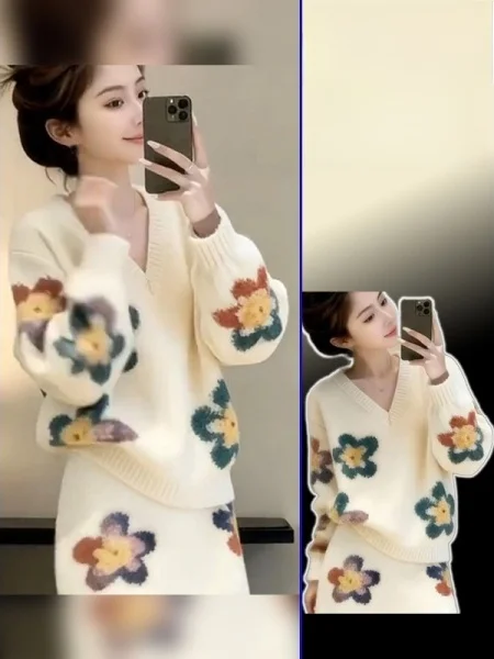 

Комплект из двух предметов: свитер с цветочным принтом больших размеров и юбка с высокой талией. Модный весенний комплект в корейском стиле, мягкий и уютный, для женщин.