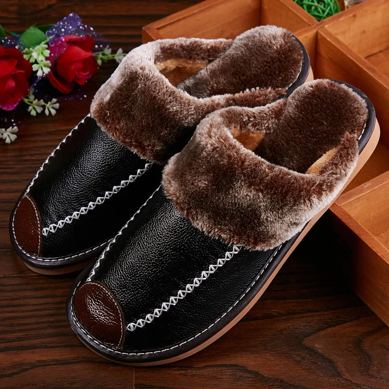 Men and Women Cotton Slippers Winter Home Warm Slippers Autumn Winter Real Leather Slippers Home Baotou Cotton Indoor Slippers