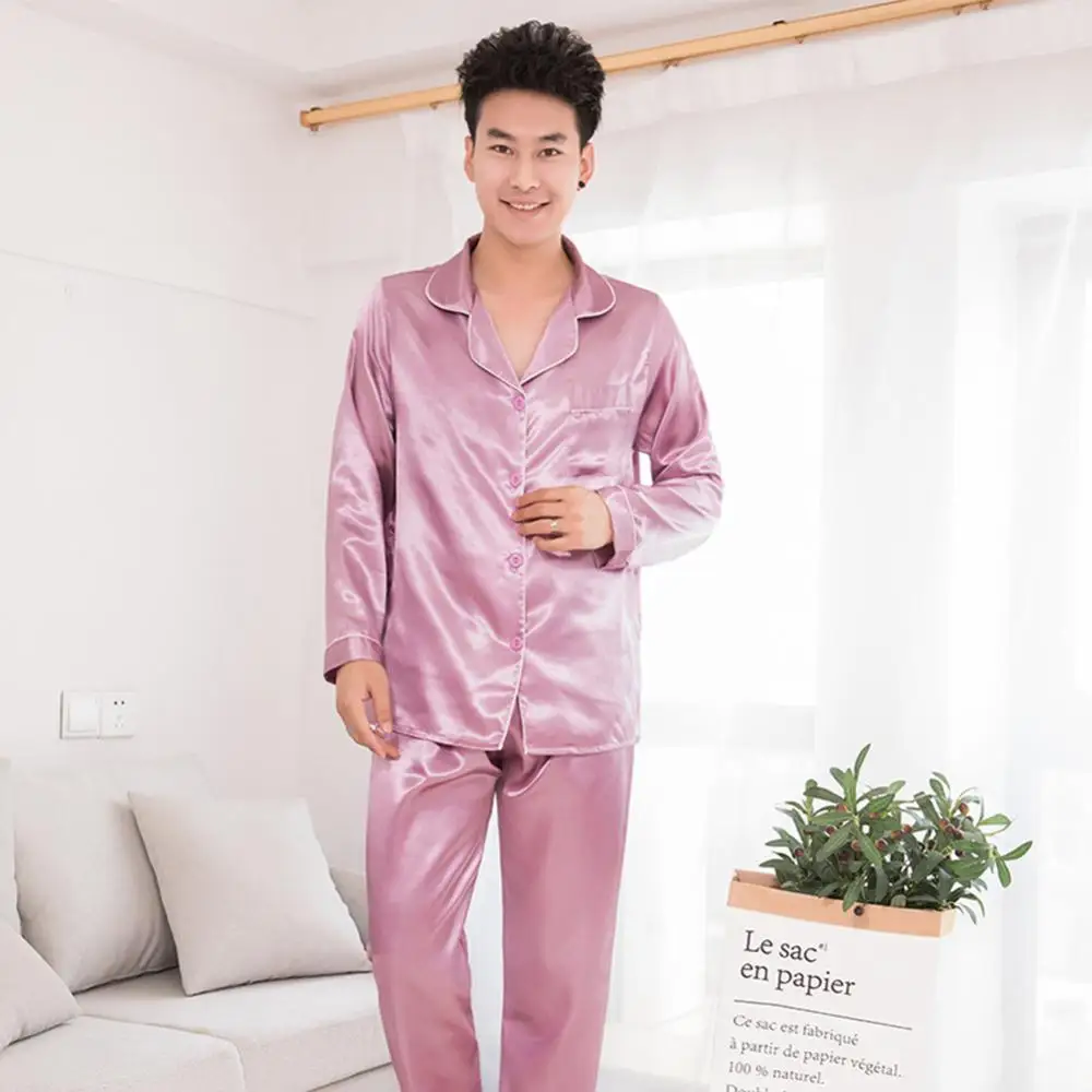 Conjunto de pijamas masculinos de cetim de seda moda pijamas casal cor sólida manga longa feminino loungewear calças superiores duas peças set 잠옷