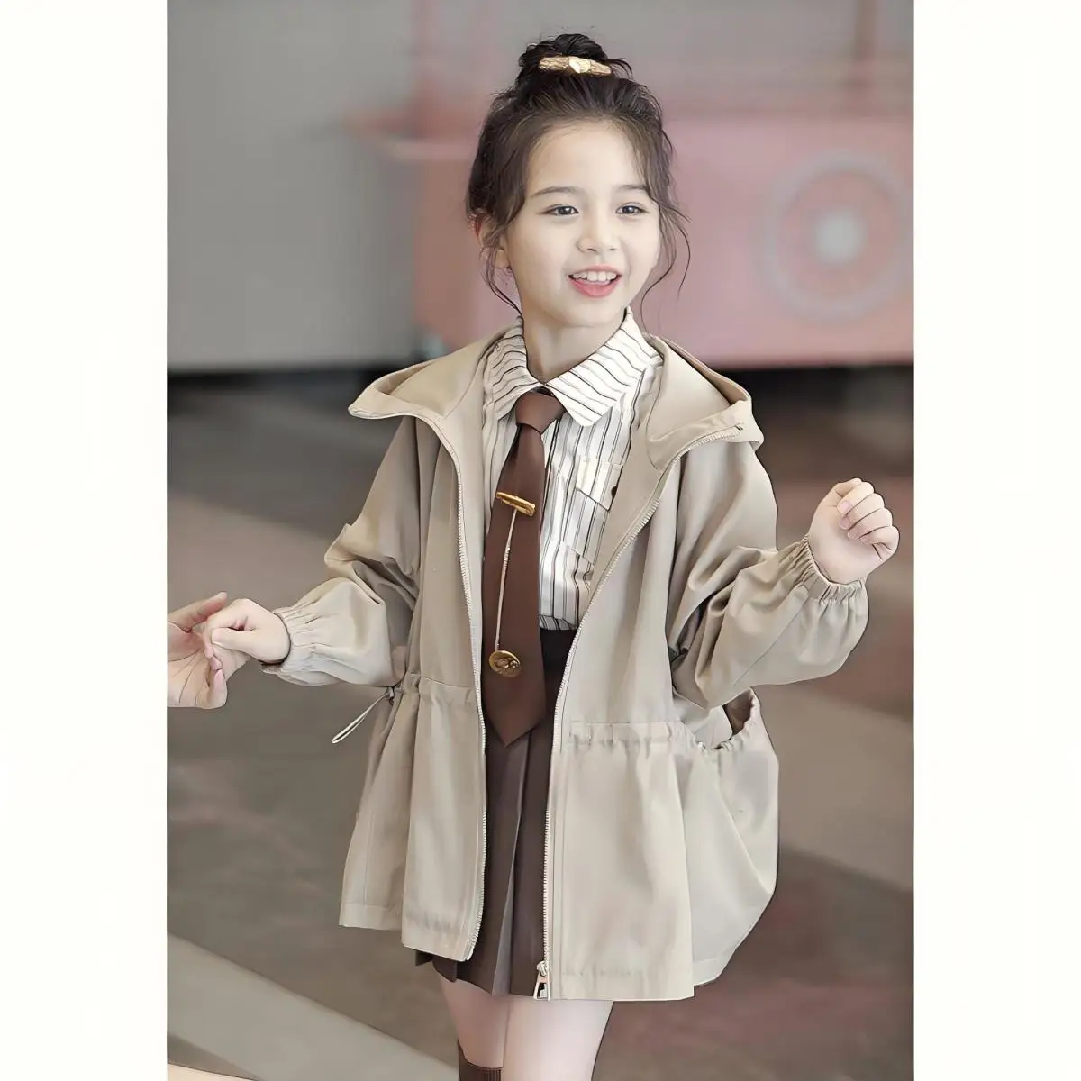 3-14Years Kids Hooded Jackets for Girls Loose Casual Outwear Coat with Zipper Toddler Baby Windbreaker Teens Girls Trench Coat