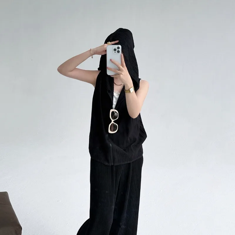 ミヤケ フード付き クロップド ノースリーブ ジッパー カーディガン プリーツ オーバーサイズ ベスト レイヤリング 多用途 着痩せ タンクトップ レディース アウター