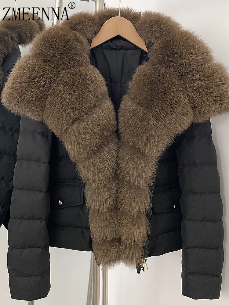 

ZMEENNA женский черный короткий пуховик с широким роскошным воротником из искусственного меха, зимняя теплая укороченная верхняя одежда ZM4714