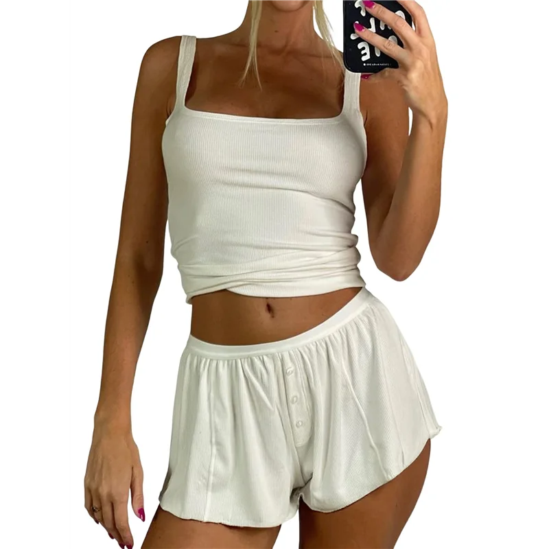 Conjunto feminino de verão para salão, regata curta de malha canelada e conjuntos curtos com bolso, roupas de férias