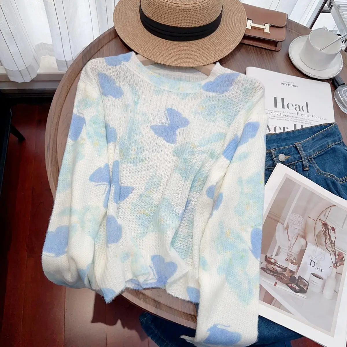 

Butterfly Printing Pullover Sweater Women 2024 Autumn New Classic Fashion O-Neck Long Sleeve Versatile Knitwear Tops