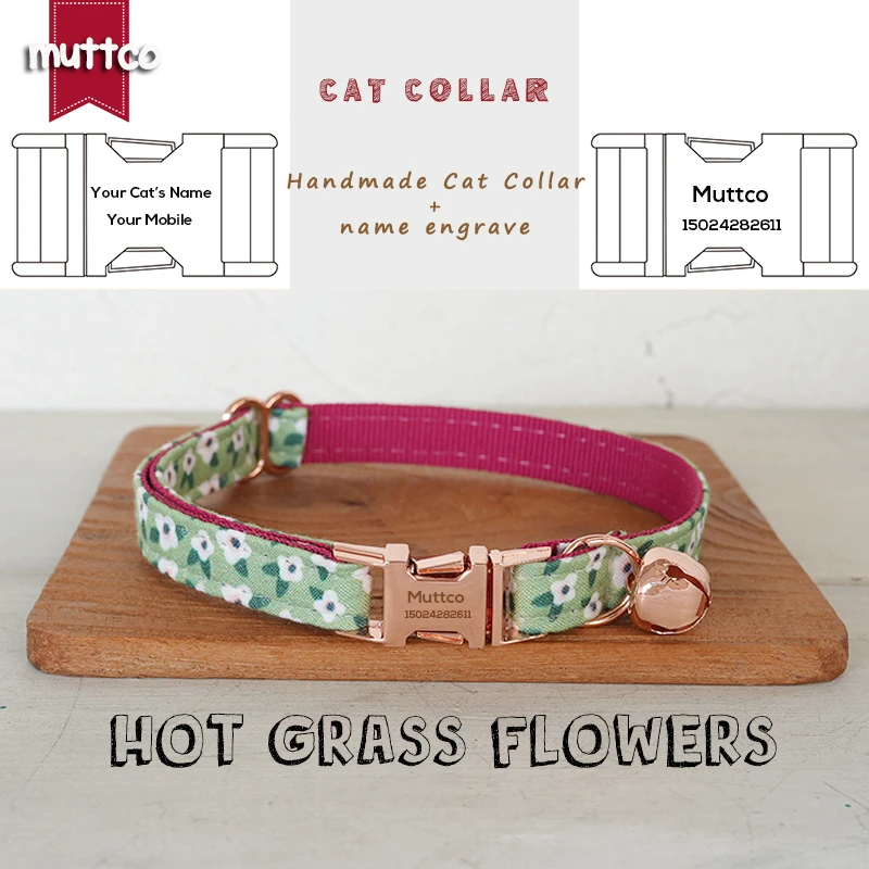 MUTTCO Retail Engraved Beautiful Flower Pattern Design Handmade HOT GRASS FLOWERS collar Unique Design Cat collar 2 size UCC159