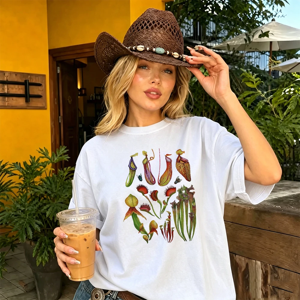 Carnivorous Pitcher Plant Print Loose Short Sleeve Tee Botanical Cottagecore Women Streetwear Casual Daily Summer Top