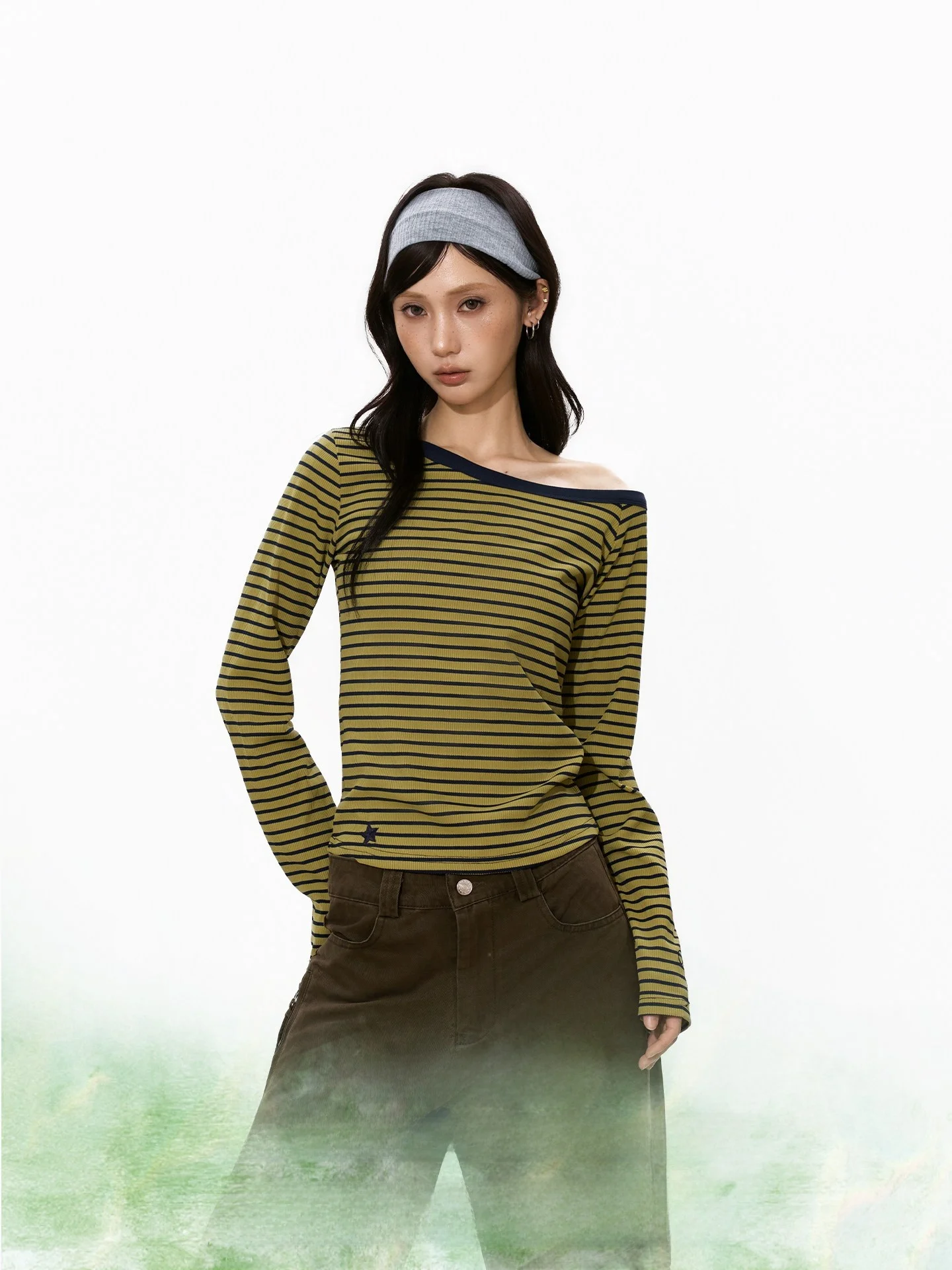 

S3T5 Color Block Striped Shoulder Bared Long Sleeve Women's T-shirt Slim Fit Design Casual Style Polyester Spandex Blend
