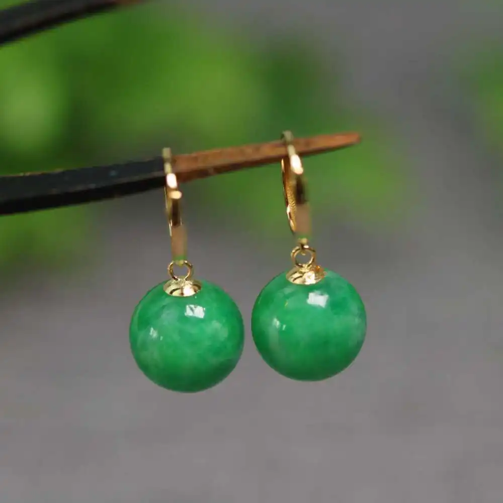 10mm Natural Jadeite Jade Beads Earrings 18k Hook Eardrop Freshwater Jewelry Easter Hook Party Lucky Ear stud New Year