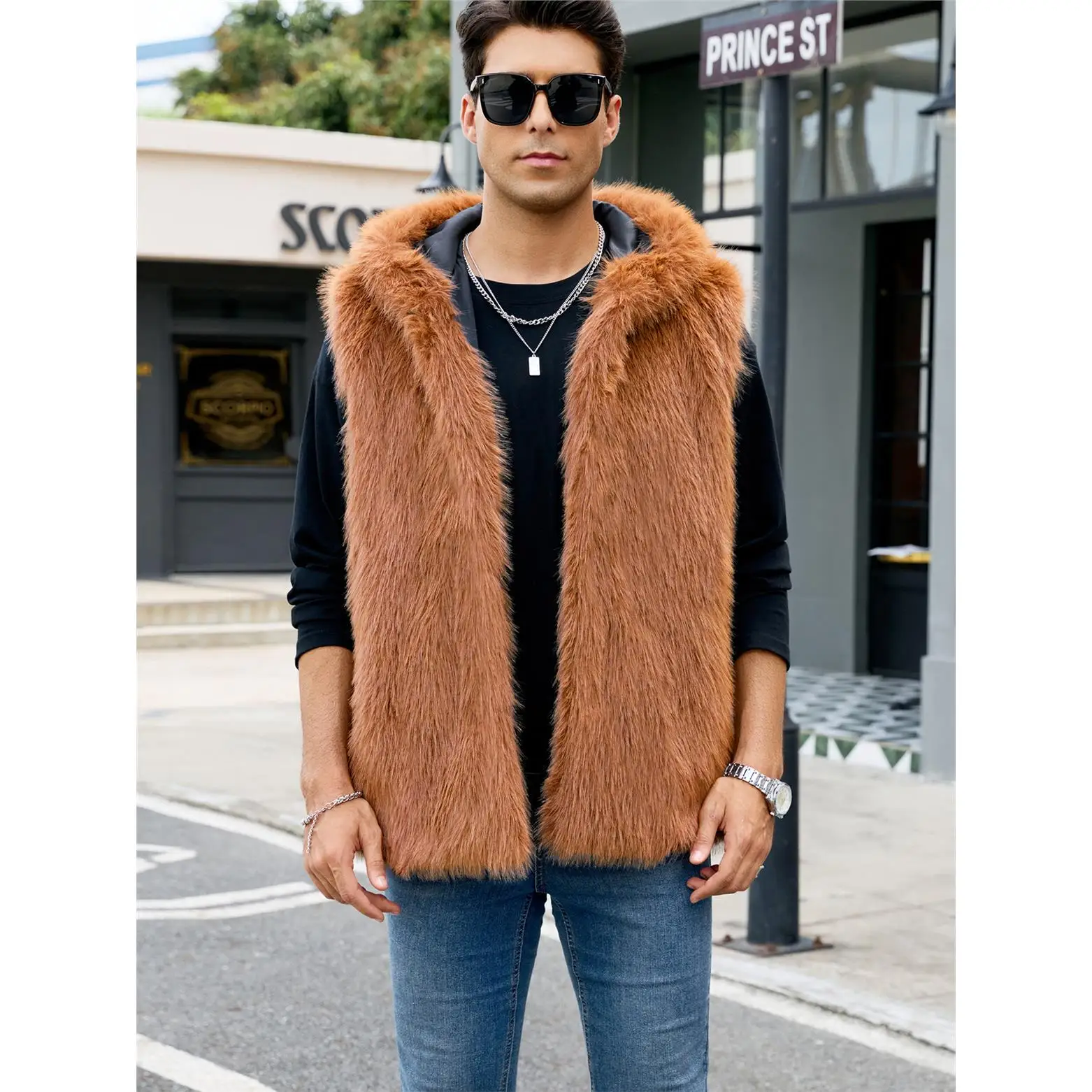 Modern Men's Faux Fur Vest Winter Warm Hooded Cotton Straight Hem Casual Fashion Animal Print Design Chinese Manufacturer