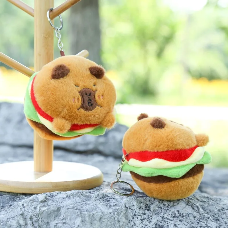 Kawaii Capibara Hamburg Plush Keychain Kapibara Cute Bag Pendant Soft Capybara Burger Stuffed Doll Gift Plush Backpack Charm