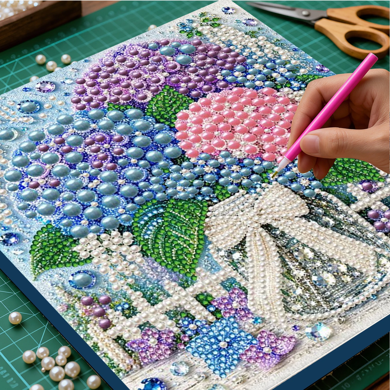 Art Craft Flower - ชุดอุปกรณ์วาดภาพไข่มุก DIY ลายดอกไม้ พร้อมกรอบไม้ยืดหยุ่น ชุดงานฝีมือประดับลูกปัดแบบติดเอง สำหรับเป็นของขวัญให้ผู้รักงานฝีมือ