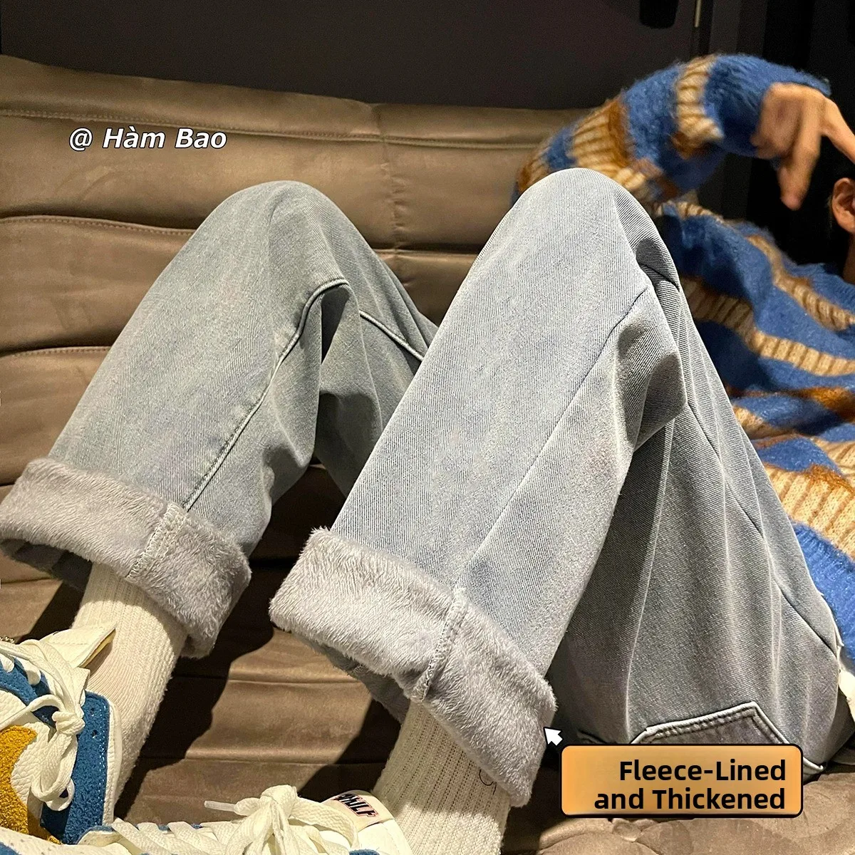 

Light Wa Elastic Waist Thiened Fce Women's Jeans High Waist Straight Leg Wide Leg Pants Autumn Winter New Sle