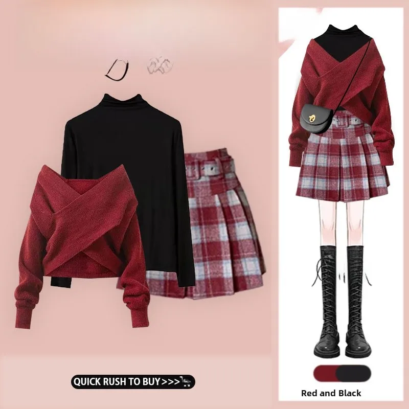 

Early Autumn Irregular Sweater Salt System High Waist Pleated Skirt Commute Plaid Faion Set High End Feel Upper Apparel