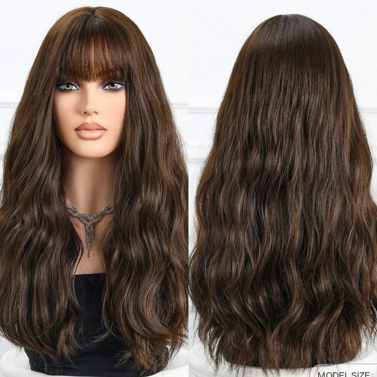 

Длинные волнистые синтетические парики Шоколадно-коричневый бесклеевой парик фронта шнурка с челкой Реалистичный вид Высокотемпературные синтетические волосы