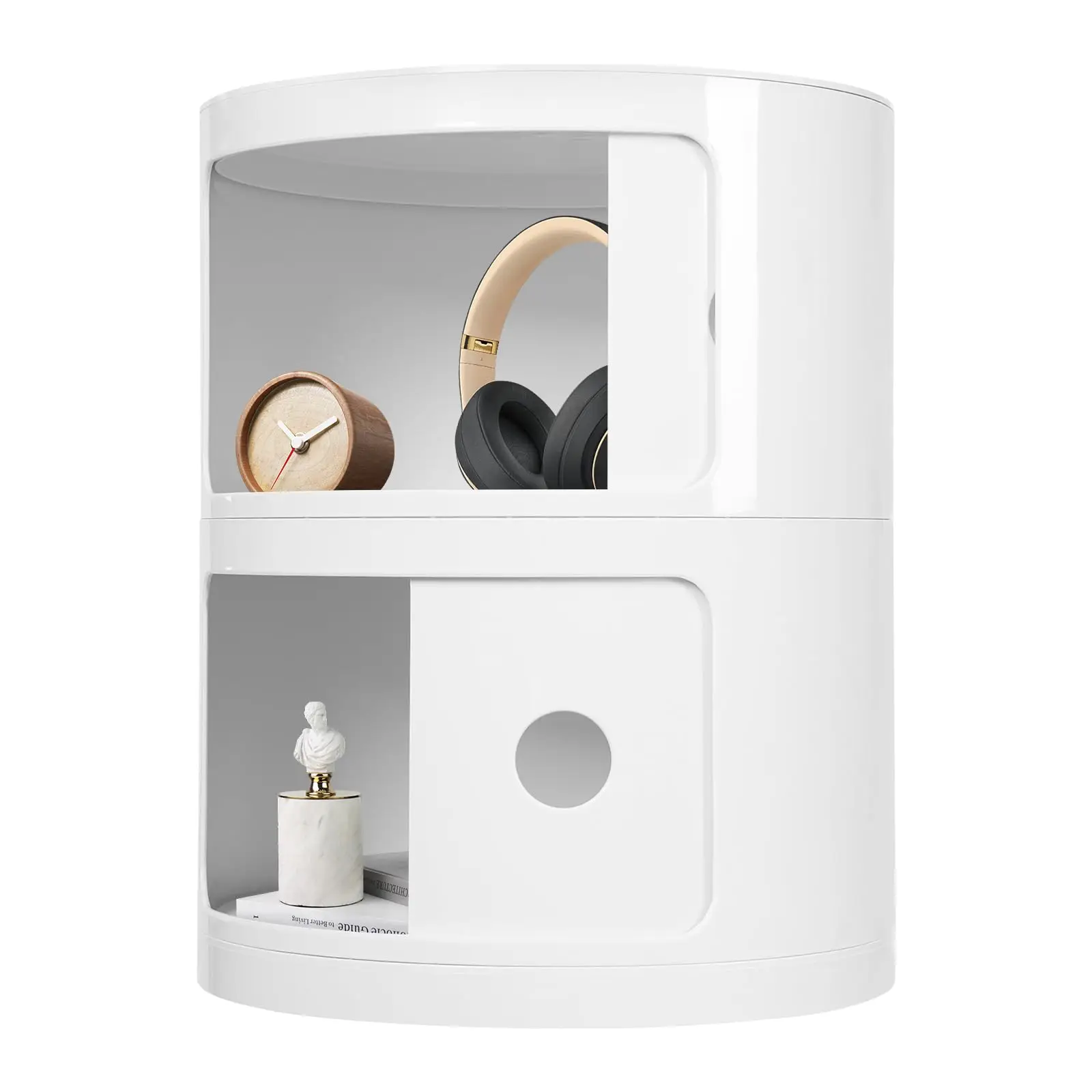 

Прикроватная тумбочка, 2-уровневая круглая тумба с отсеками для хранения, прикроватный столик в скандинавском стиле с раздвижными дверцами, круглая тумба для хранения