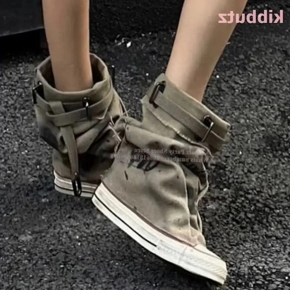 

Retro Canvas Mid-Calf Boots Thick Sole Round Toe Belt Buckle Modern Sneaker Pleated Sexy Fashion Y2K Punk Street Shoes for Women