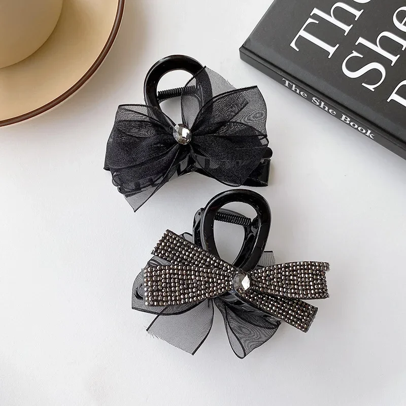 High-end Crystal Bow Hair Clips Elegant Temperament Rhinestone Hair Claw Shark Clip Korean Hair Accessories for Women