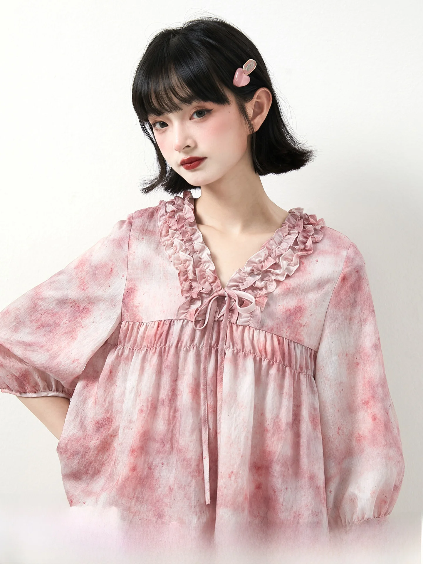 

Linen adient Smued Lantern Sve V-ne Long Dr Set Sweet Sle Loose Fit Women's irt for Autumn Season