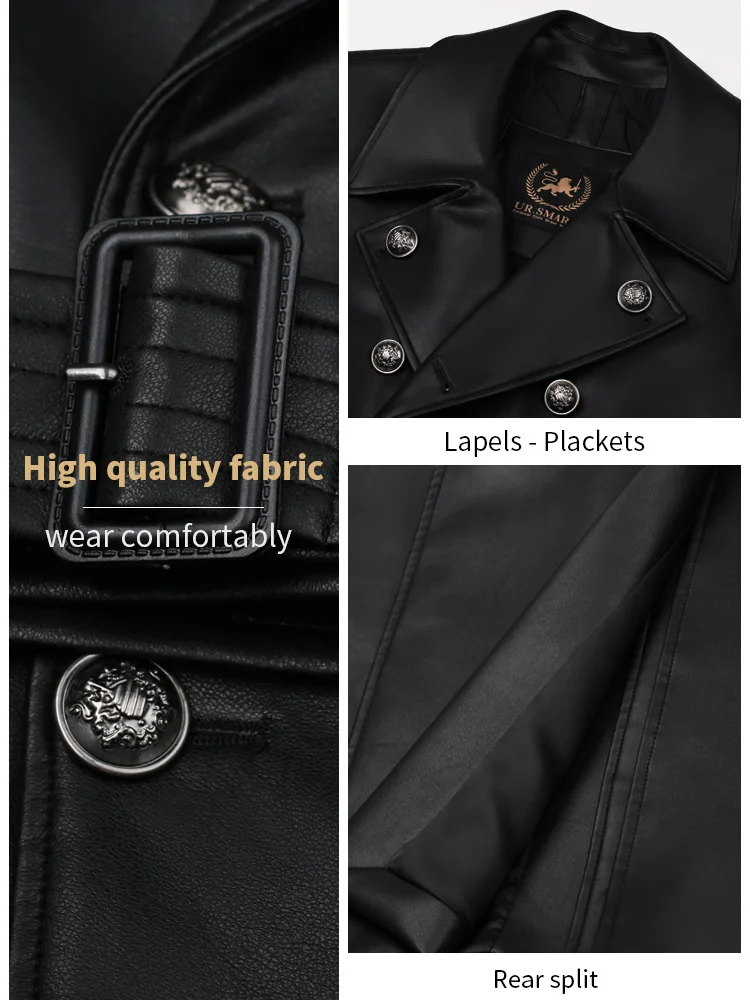 Super Long leather coat men\'s knee double breasted large lapel British windbreaker men\'s thickened warm leather coat men