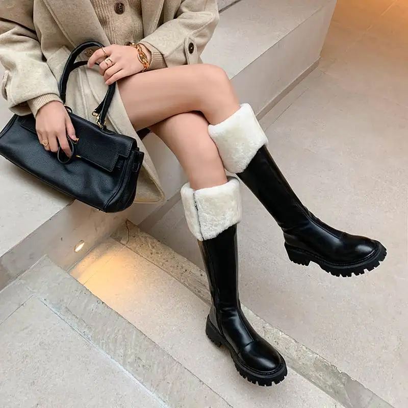 Krazing Pot Snow Boots Winter Keep Warm Wool Full Grain Leather Round Toe Thick Med Heels Cold-resistant -50° Thigh High Boots