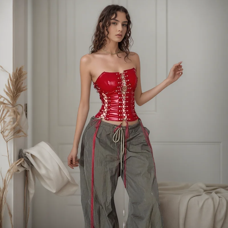 Women Crop Top Drawstring Wrapped Ruched Lantern Off Shoulder Pu Vest  Sleeveless Laced Up Tie Back Sexy Blouse Jumper