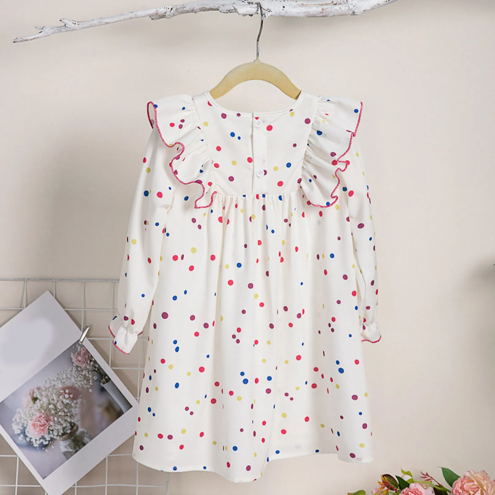 2024 New Autumn Children's Girls Long Sleeve Dress Ruffled Kids Girls' Colorful Dotted Princess Dress Children's Casual Dress