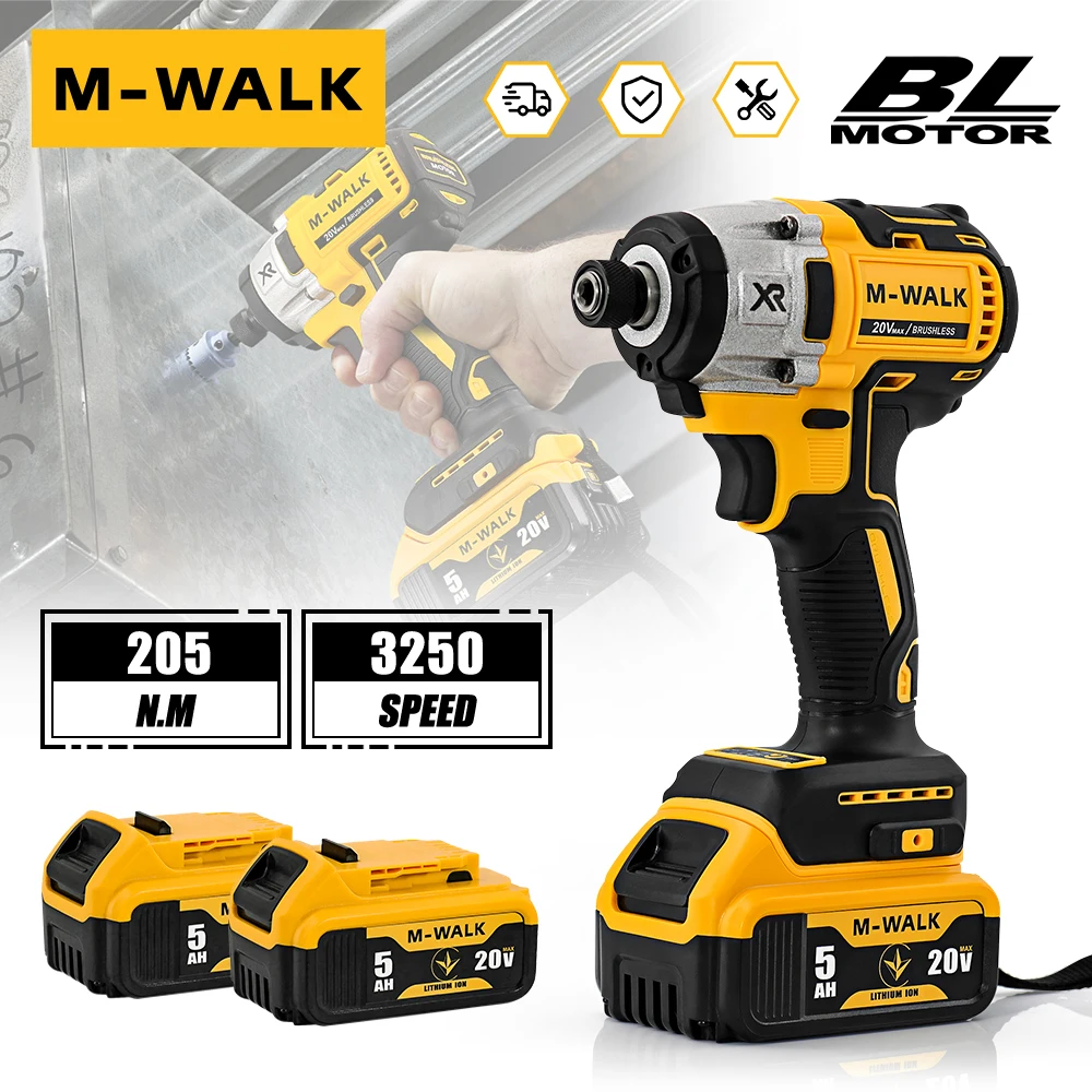 M-WALK Cordless Impact Driver Brushless Screwdriver 205 N.M Electric Drill for Wood & Bolt T-Mode For Dewalt 18/20V Battery Pin